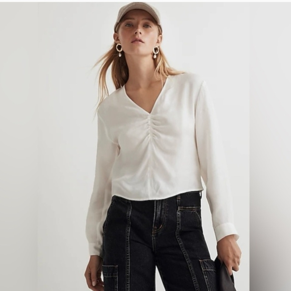 Madewell White Gathered V-Neck Blouse